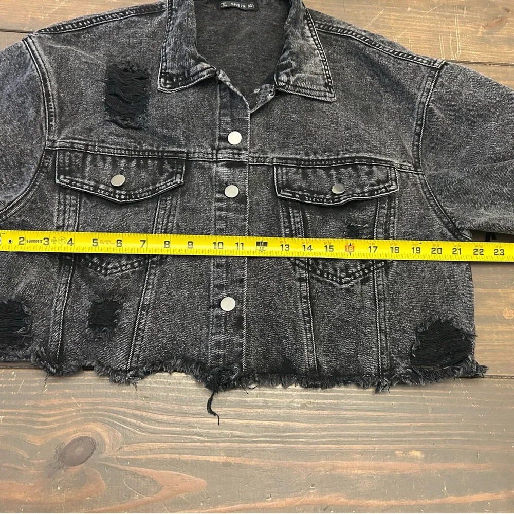 Shein Distressed, Thrashed Black Denim Jacket, Holes Cropped Fringe Size Large - Picture 8 of 13